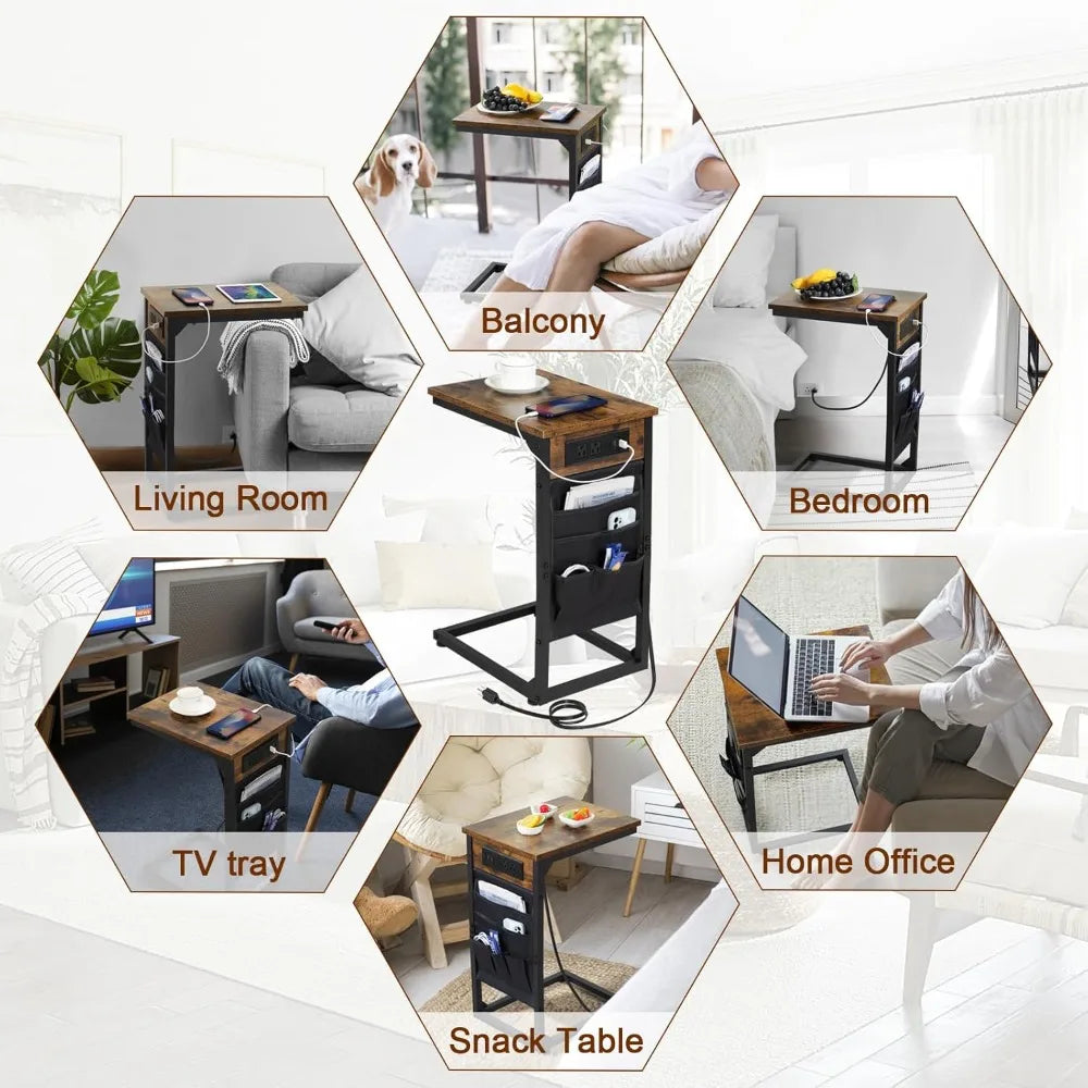 XIUWO C Shaped End Table With USB Charging Station Set