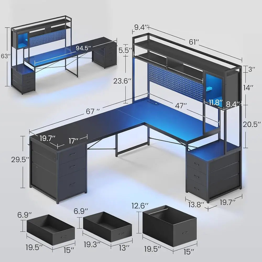 Reversible L Shaped Gaming Desk With Drawers And Storage Shelves