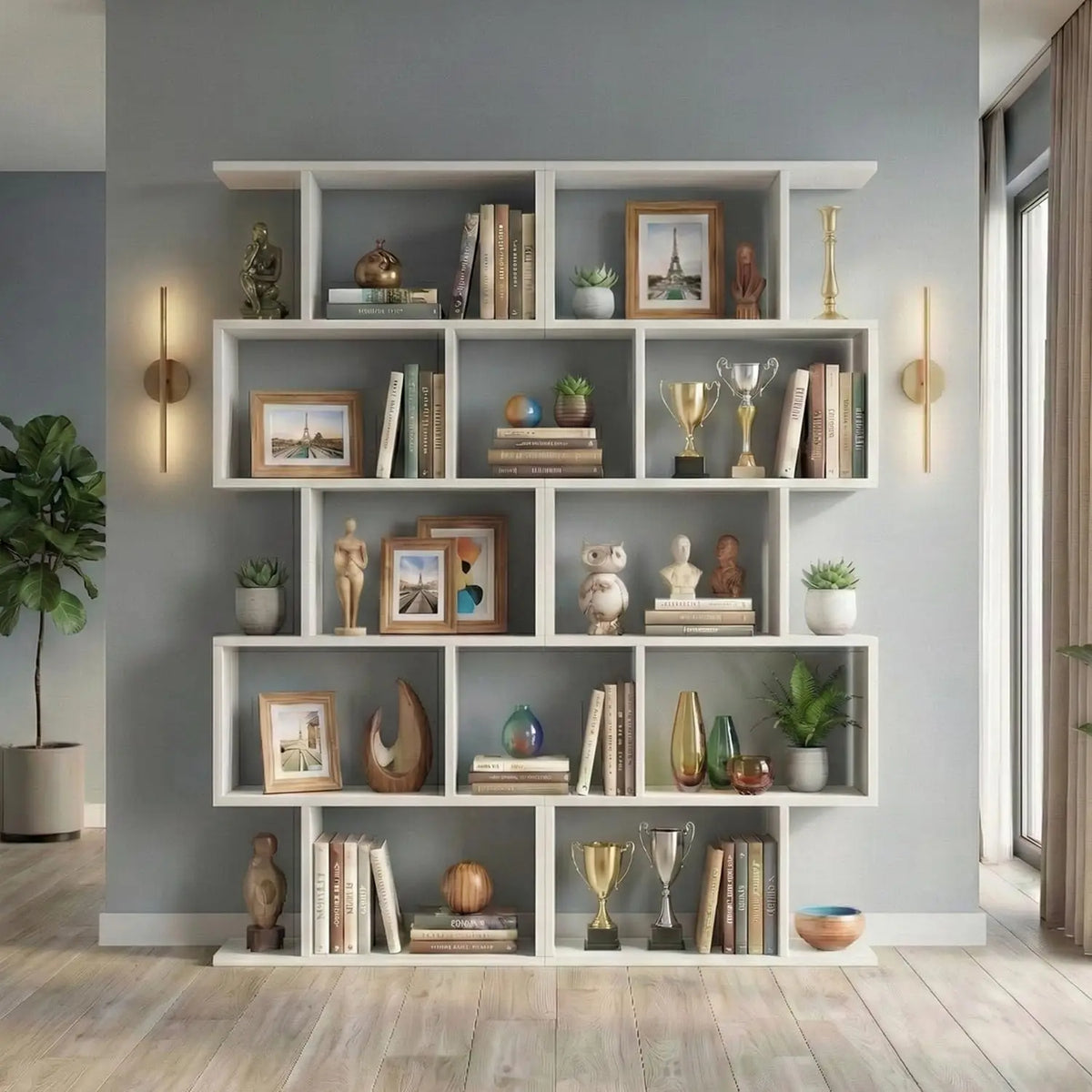 Freestanding Five Tier Geometric Bookshelf And Room Divider