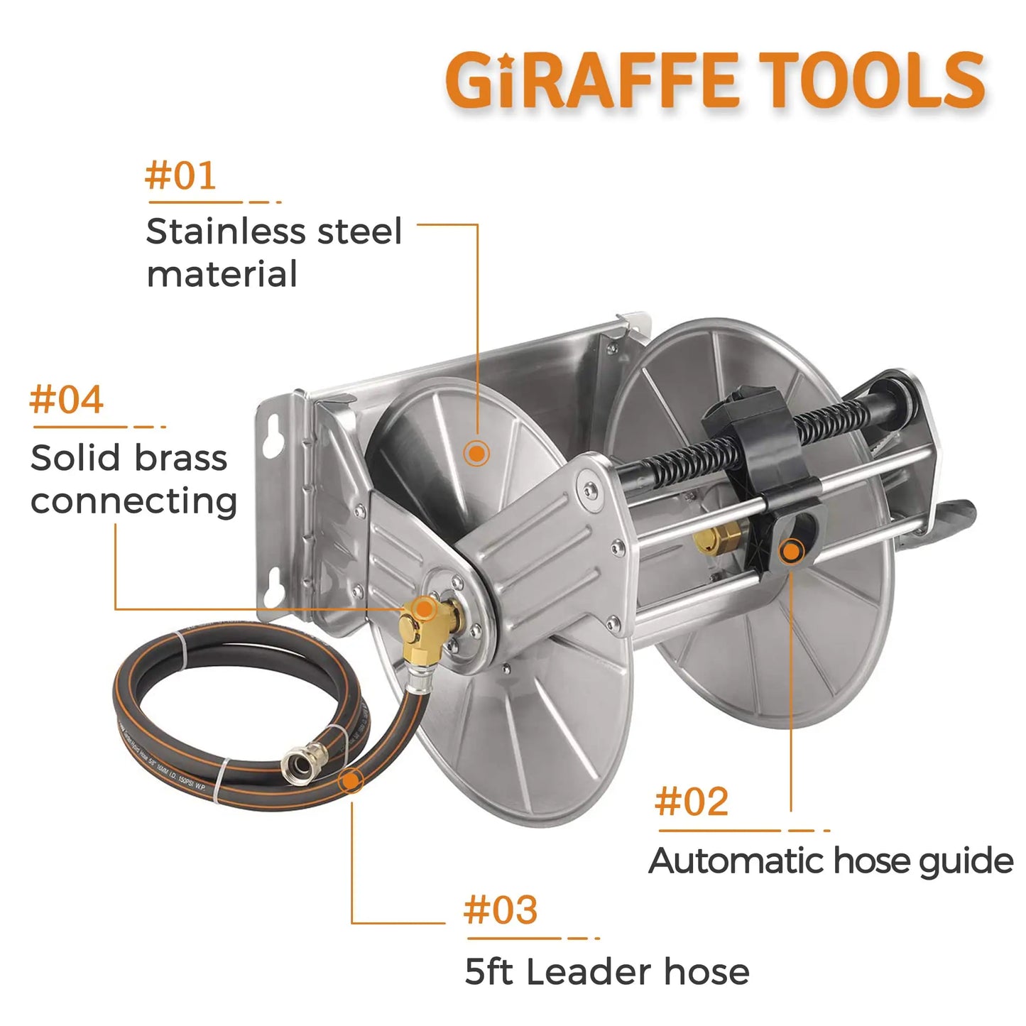 Giraffe Tools Stainless Steel Hose Reel With Crank Mount