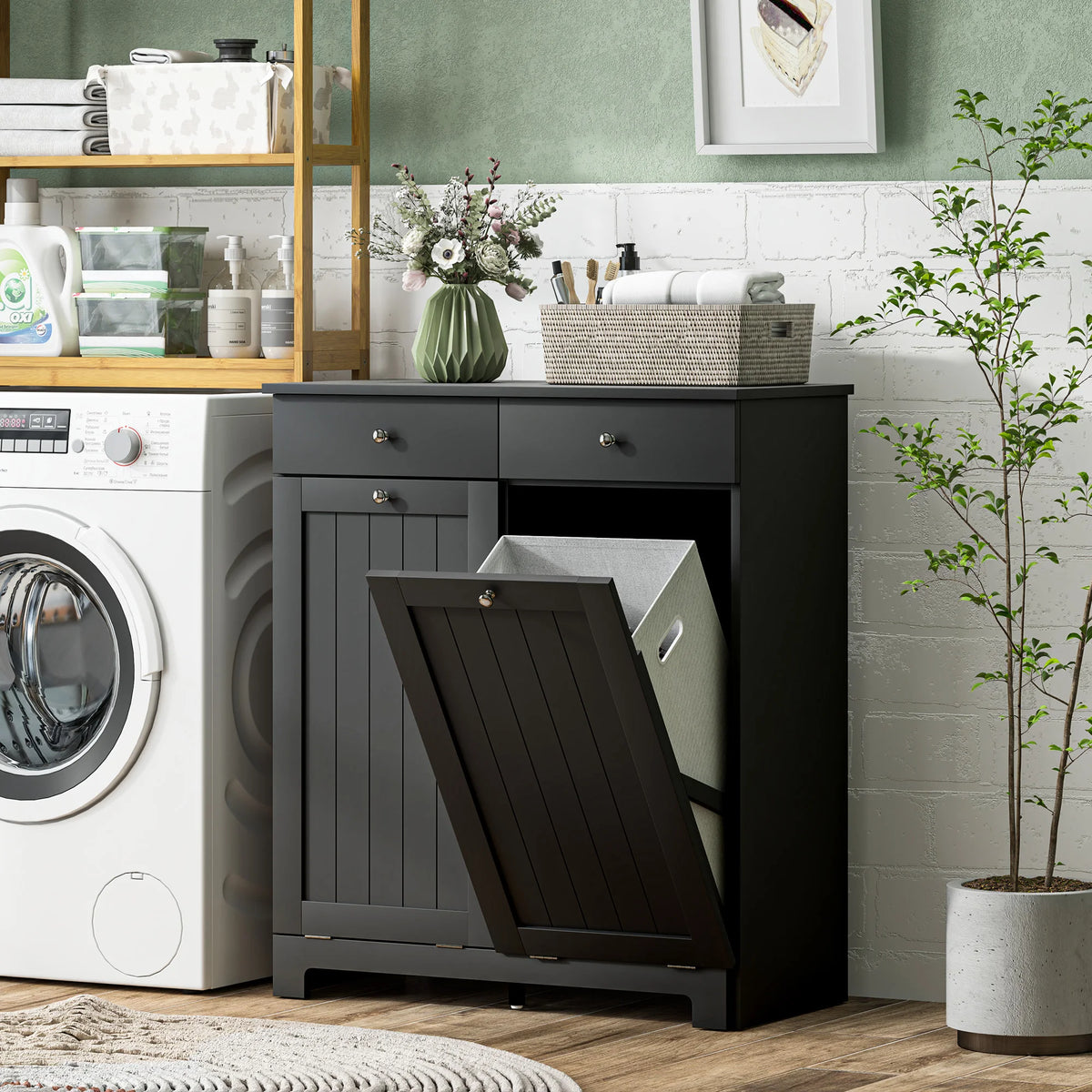 HOMCOM Laundry Cabinet with 2 Removable Baskets, Tilt Out Laundry Hamper with 2 Drawers and 2 Beadboard Doors, Bathroom Hamper Cabinet, Black
