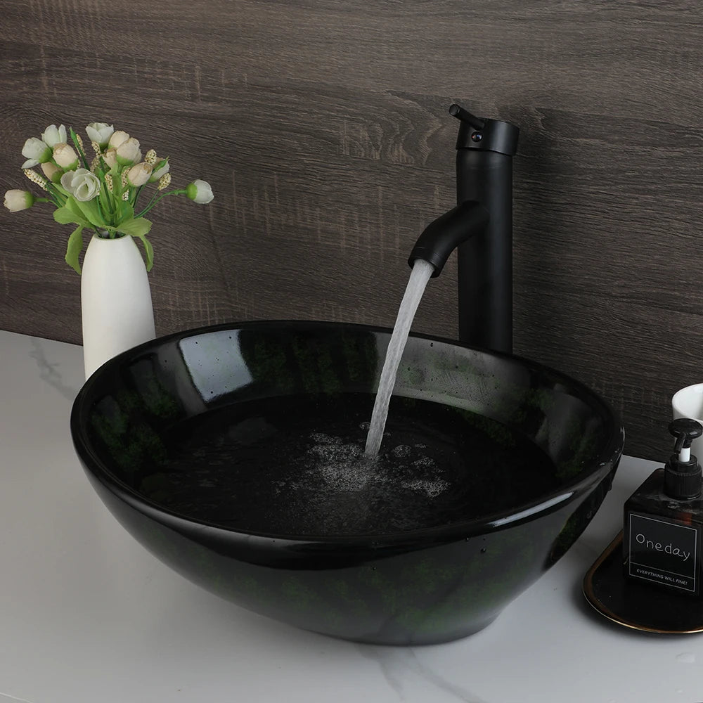 MEKKHALA Kemaidi Oval Vessel Sink With Faucet Above Counter