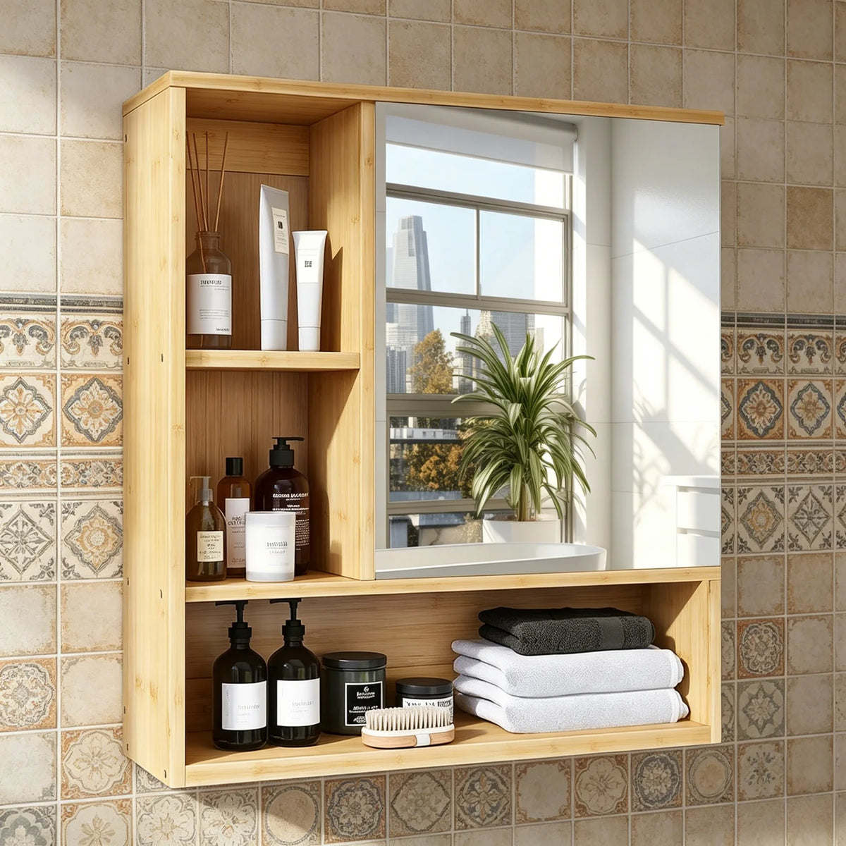 Wall Mounted Bamboo Cabinet With Adjustable Mirror Shelf