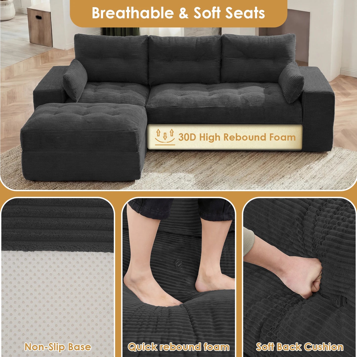 Modular L Shaped Sectional Sofa With Ottoman Corduroy Fabric
