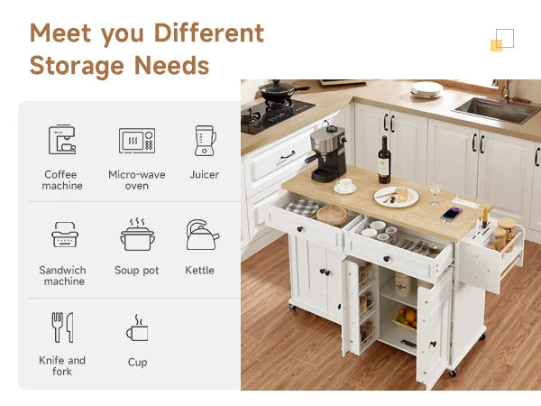 Wooden Rolling Kitchen Cart With Drop Leaf And Storage Rack