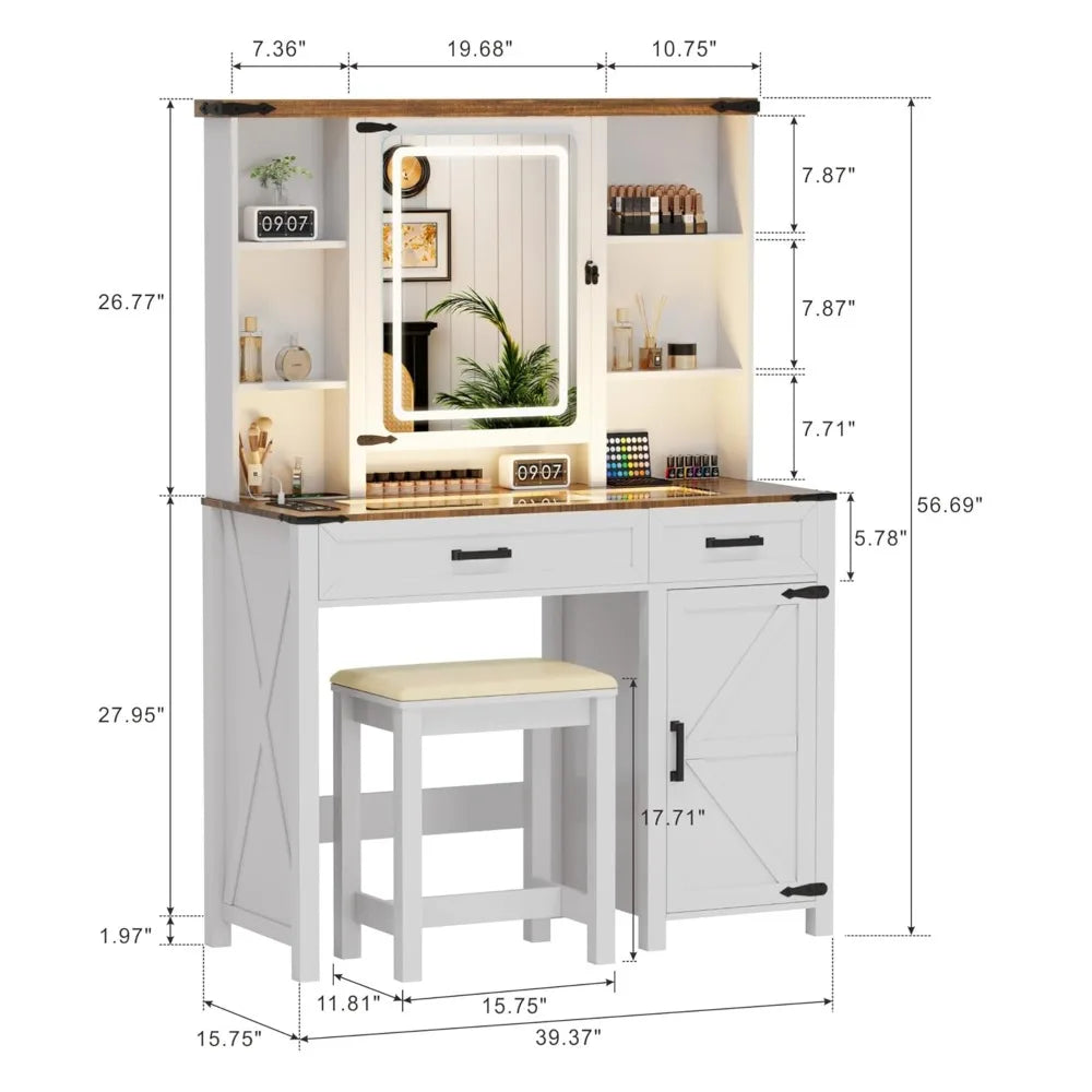 XIAOLANG Farmhouse Vanity Desk With Mirror Lights And Drawers