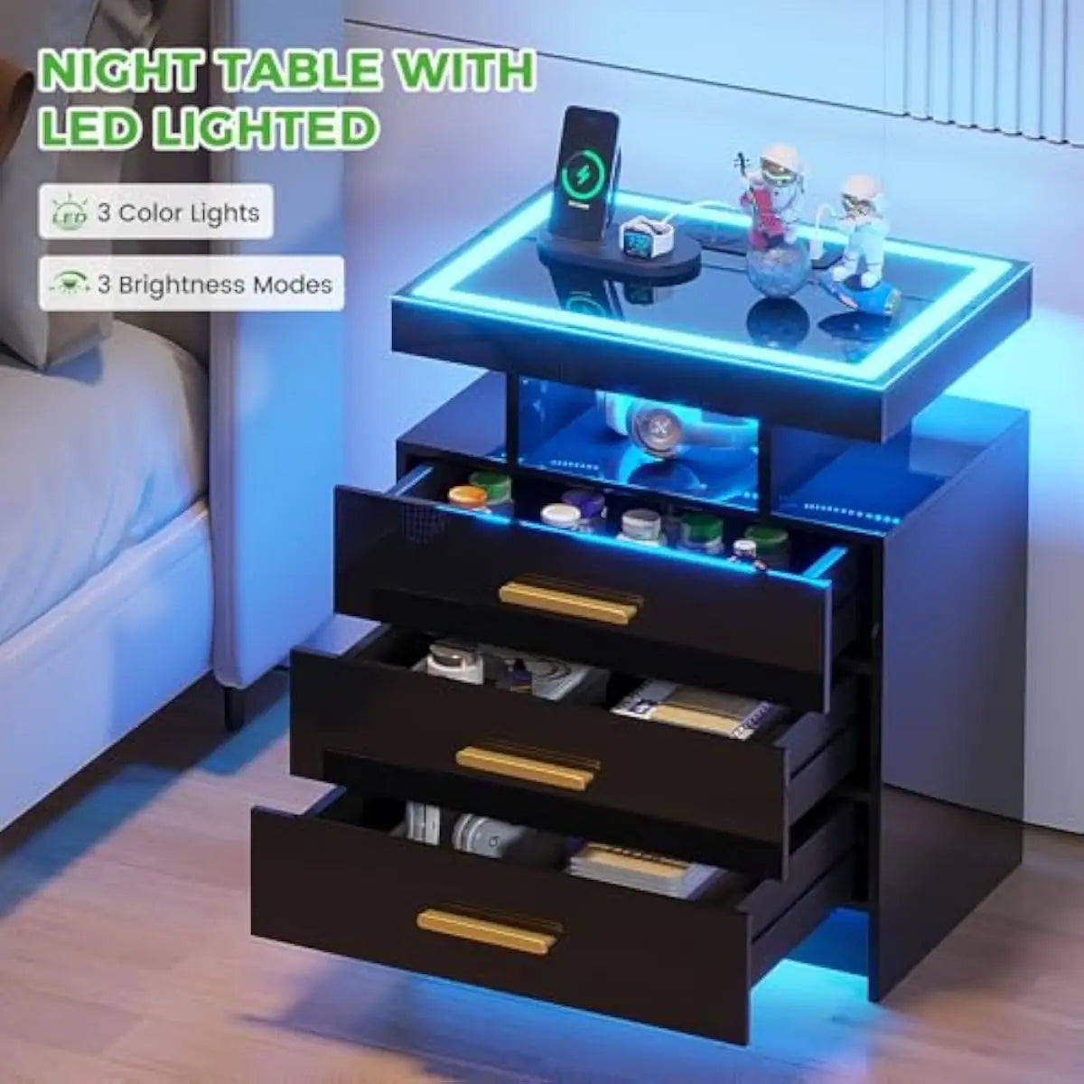 Modern Led Nightstand With Wireless Charging And Usb Ports