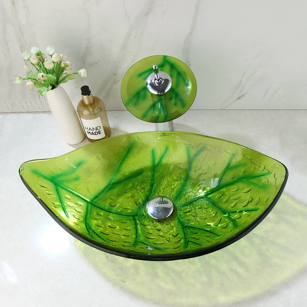 SINLAKU Tempered Glass Vessel Sink With Waterfall Faucet Set