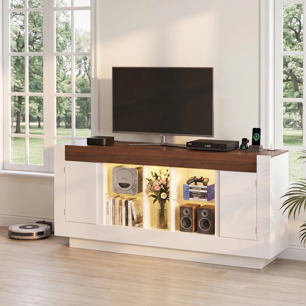 TCGBKAF Modern Farmhouse TV Stand Wooden Media Console LED Lights
