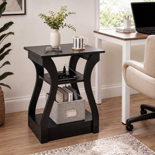 JHK 3-Tier Curved Living Room End Table With Charging Station