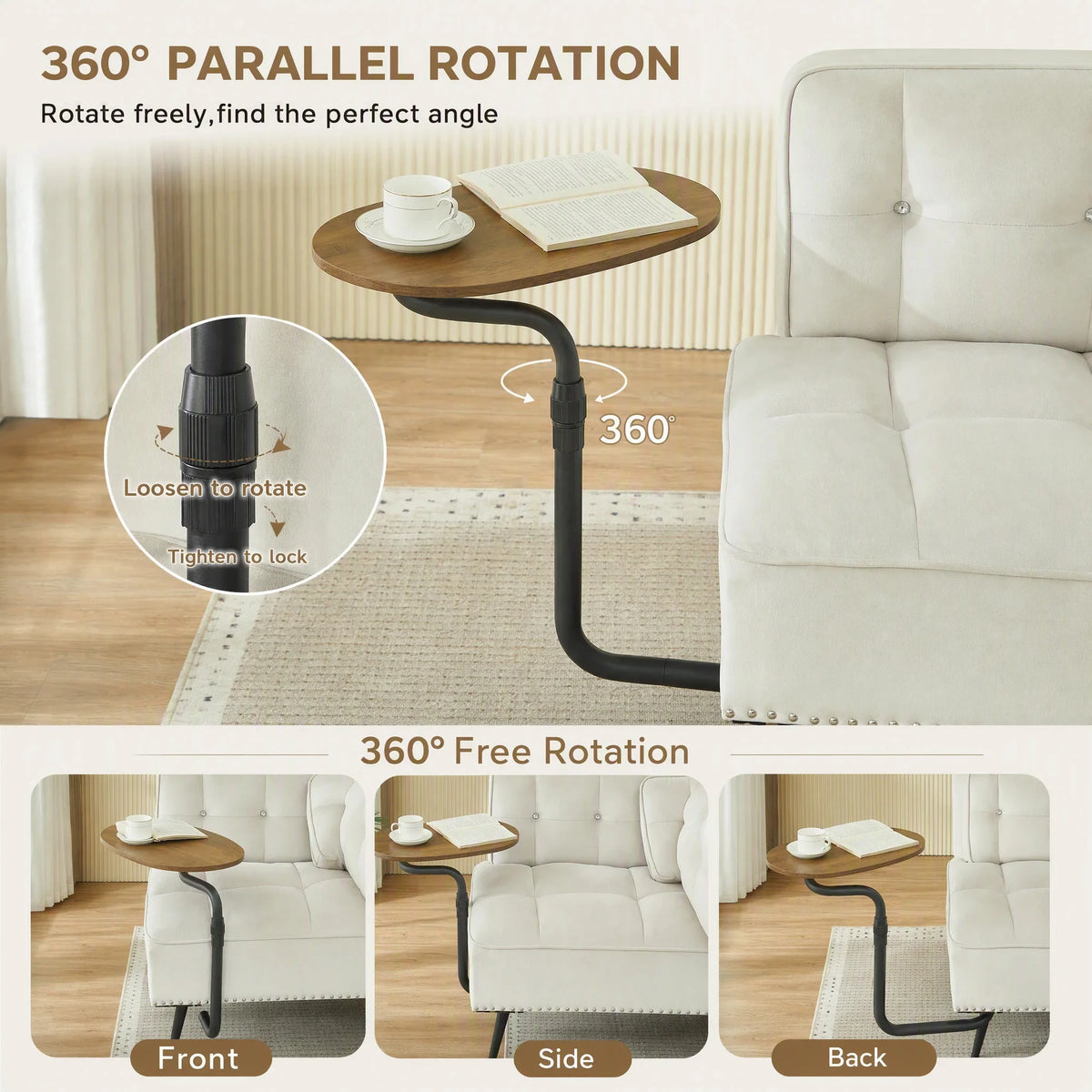 Modern Armless Velvet Sofa With Integrated Rotating Side Table