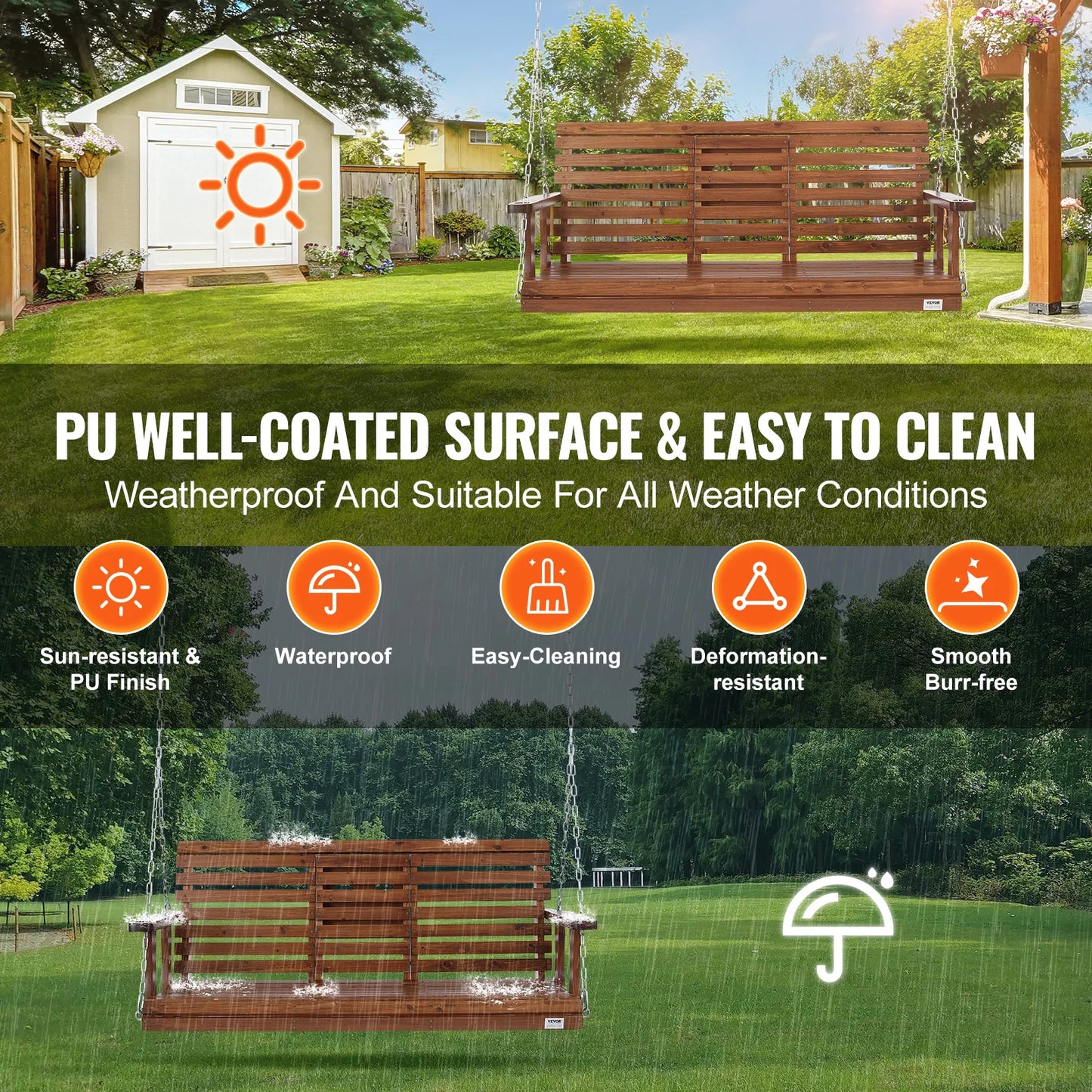 SucceBuy Wooden Porch Swing Outdoor Bench For Courtyard Garden