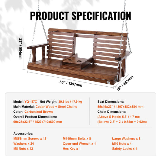 SucceBuy Wooden Porch Swing Outdoor Bench For Courtyard Garden