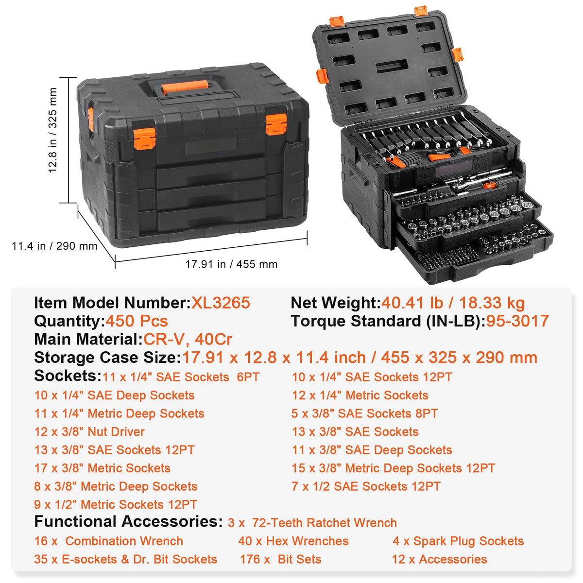 SucceBuy 450 Piece Mechanics Tool Set SAE And Metric Sockets