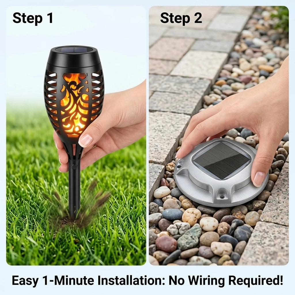 Solar Outdoor Flickering Flame Torch And Ground Lawn Lighting Set