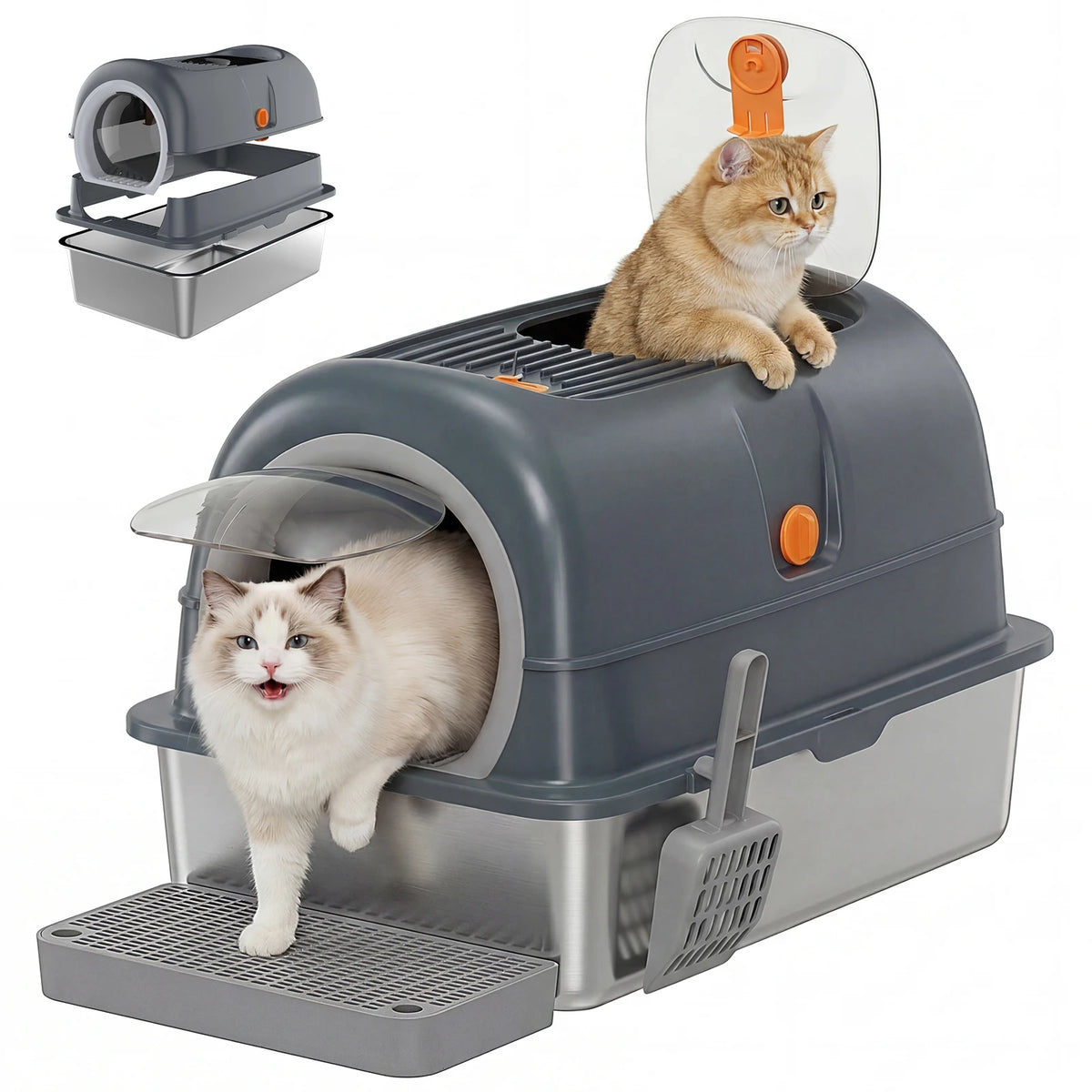 Enclosed Stainless Steel Cat Litter Box With Scoop And Mat