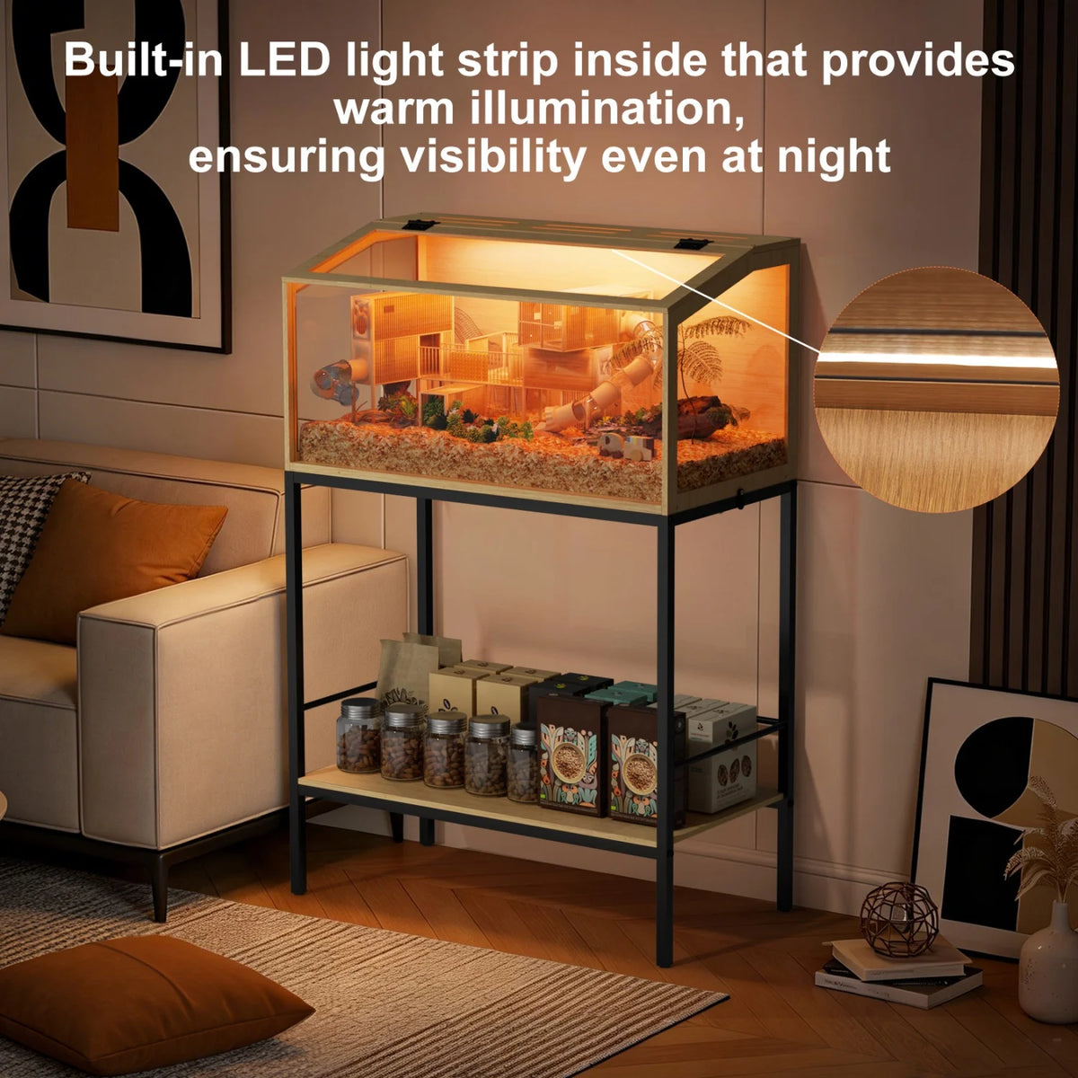 Wooden Chewproof Hamster Cage with Tempered Glass and LED Lighting