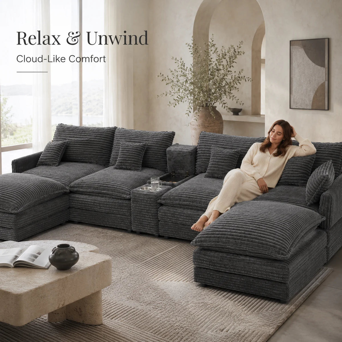 European Corduroy Modular Sofa Sectional With Console And Table