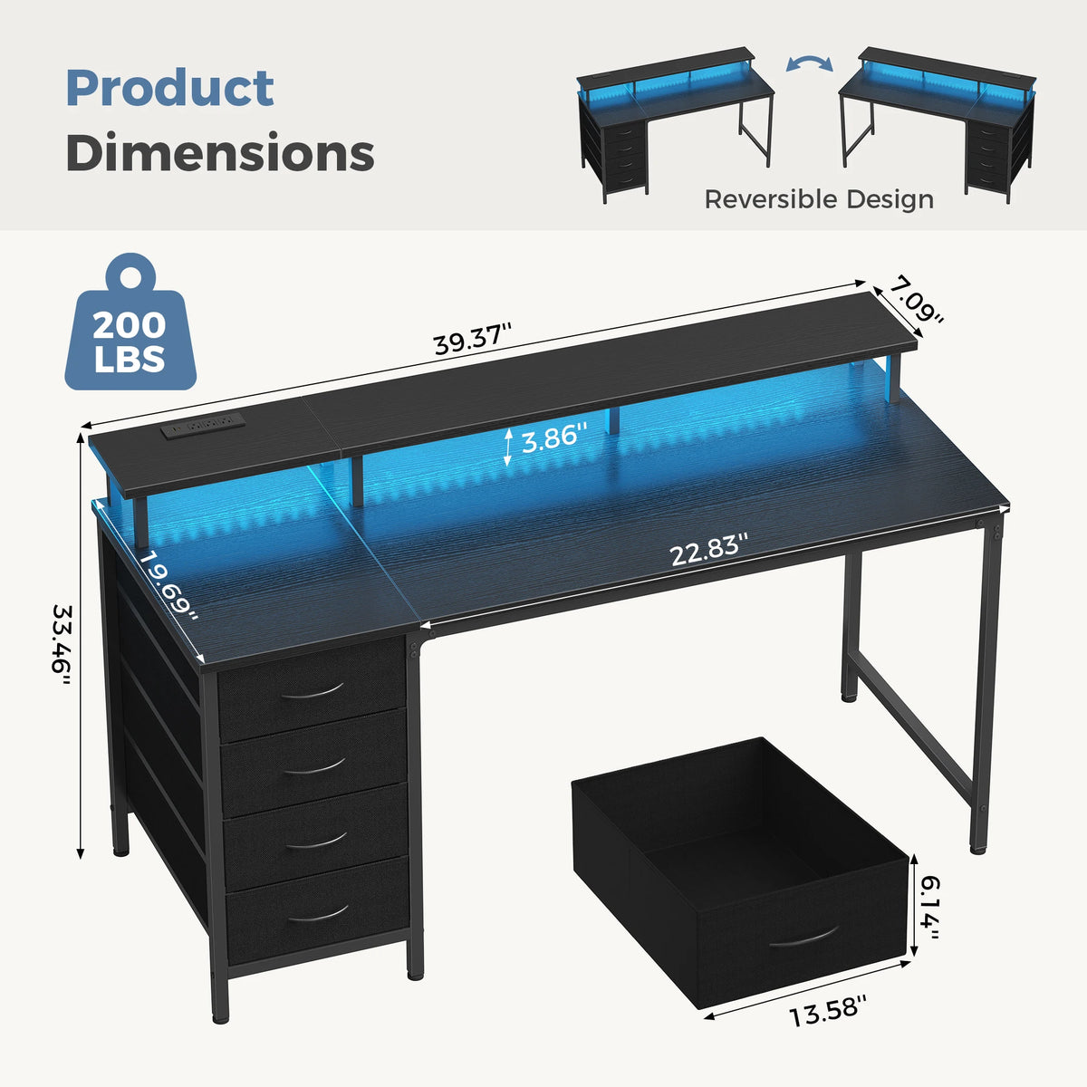 JHK Gaming Computer Desk With Storage Drawers And LED Lighting