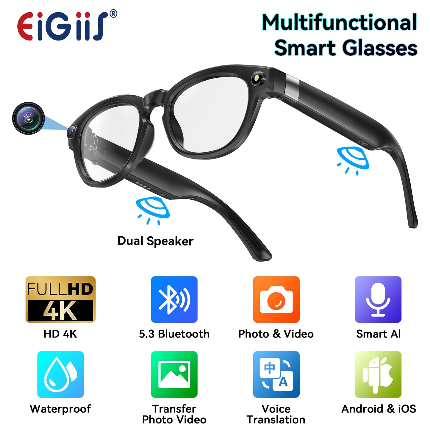 EIGIIS AI Smart Glasses With Bluetooth Calling And Translation Waterproof