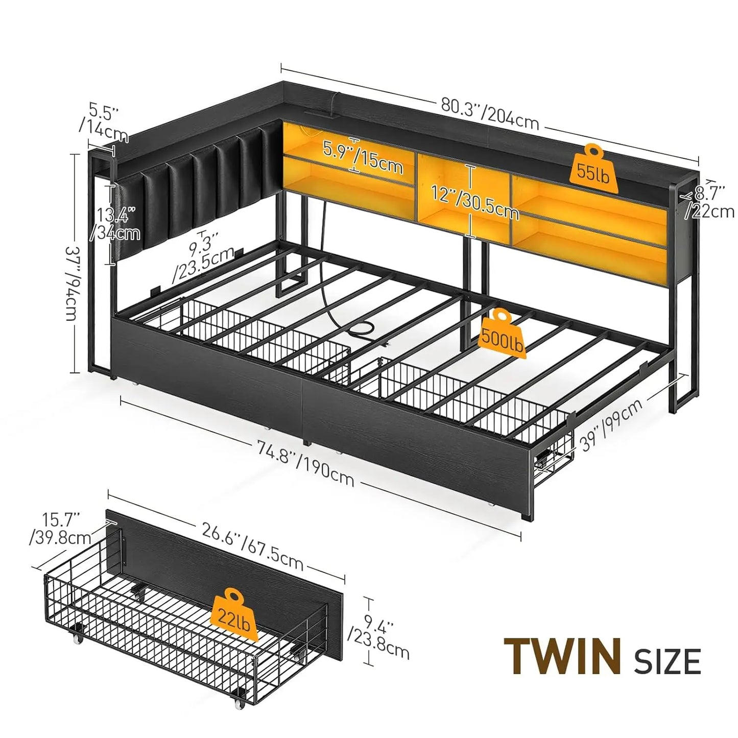 Corner Bed Frame With Bookcase Storage And Charging Station