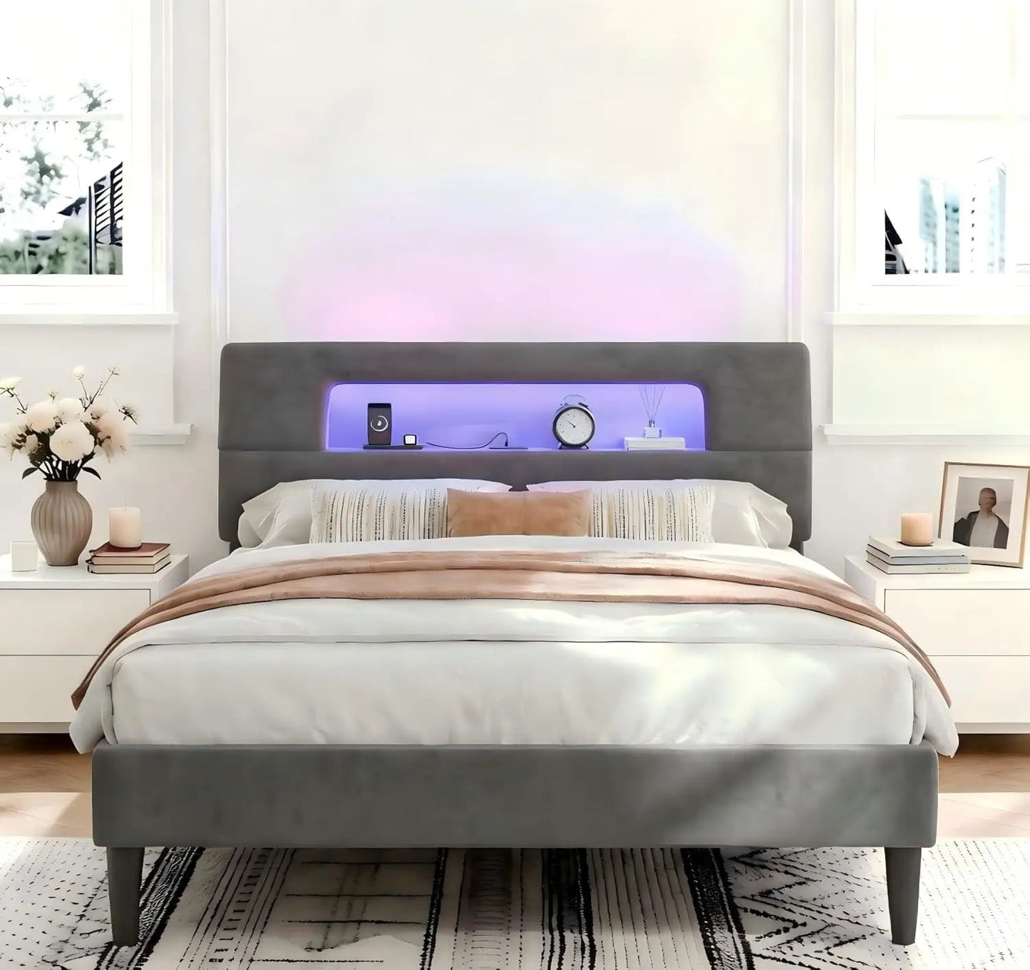 Bed Frame With Ergonomic Storage Headboard LED Lights And Charging
