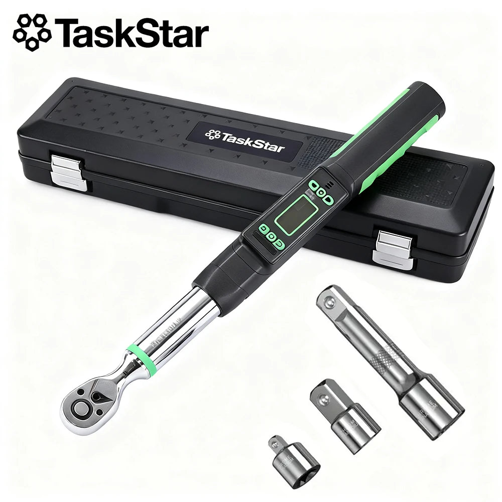 TaskStar Digital Torque Wrench 3/8-inch Driver ±2% Accuracy 0-220Nm/0-162ft-lbs Electric Torque Wrench with LCD Display, 1/4"&1/2" Adapter, Handheld Wrench Used For Motorcycle/Bicycle/Car Care