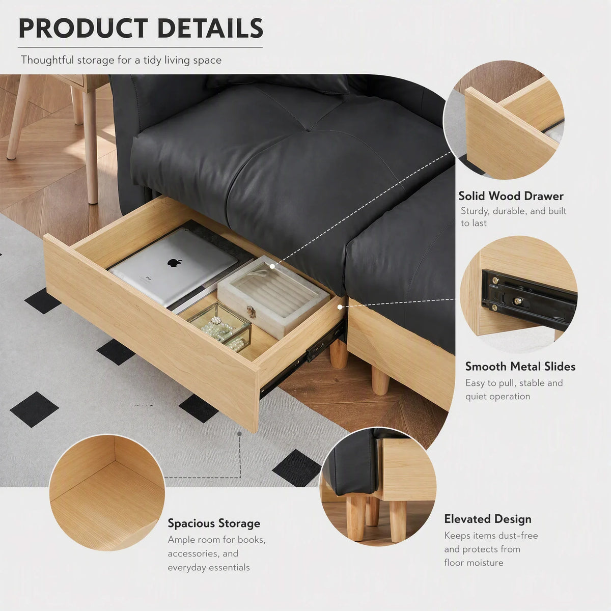 Convertible Fabric Sofa Bed With Convenient Storage For Home Use