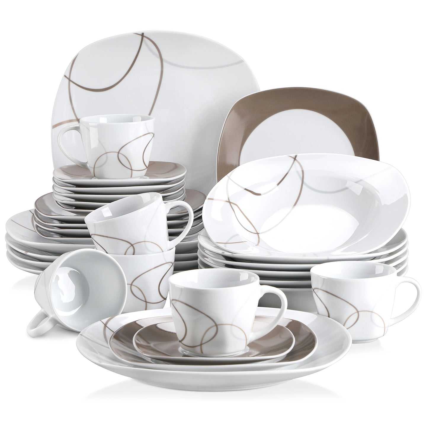 MALACASA 30 Piece Porcelain Dinnerware Set With Plates Cups And Saucers