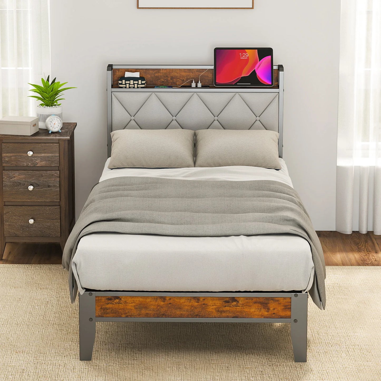 MCQ Metal Bed Frame With Storage Headboard And USB Charging