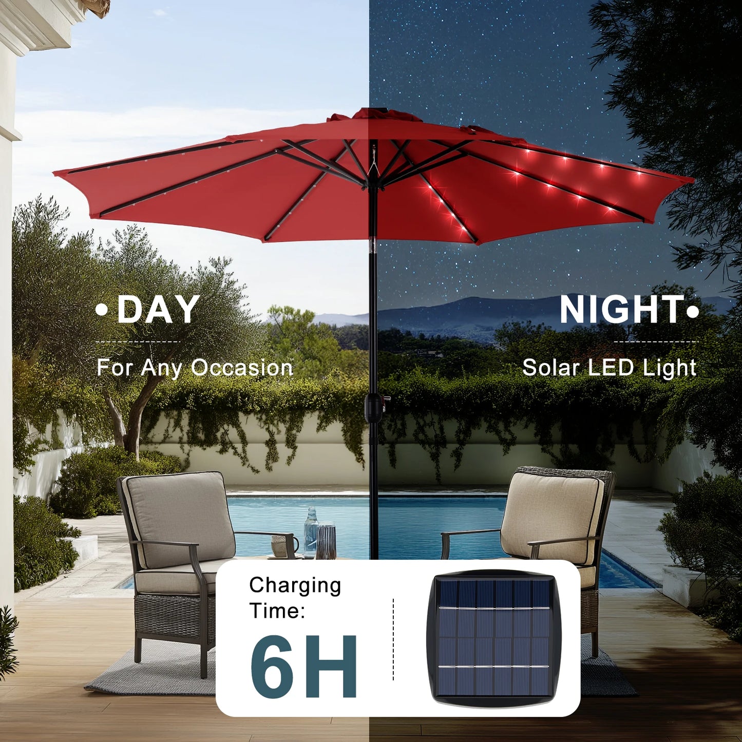 JHK Solar Patio Umbrella With 32 LED Lights Tilt Crank