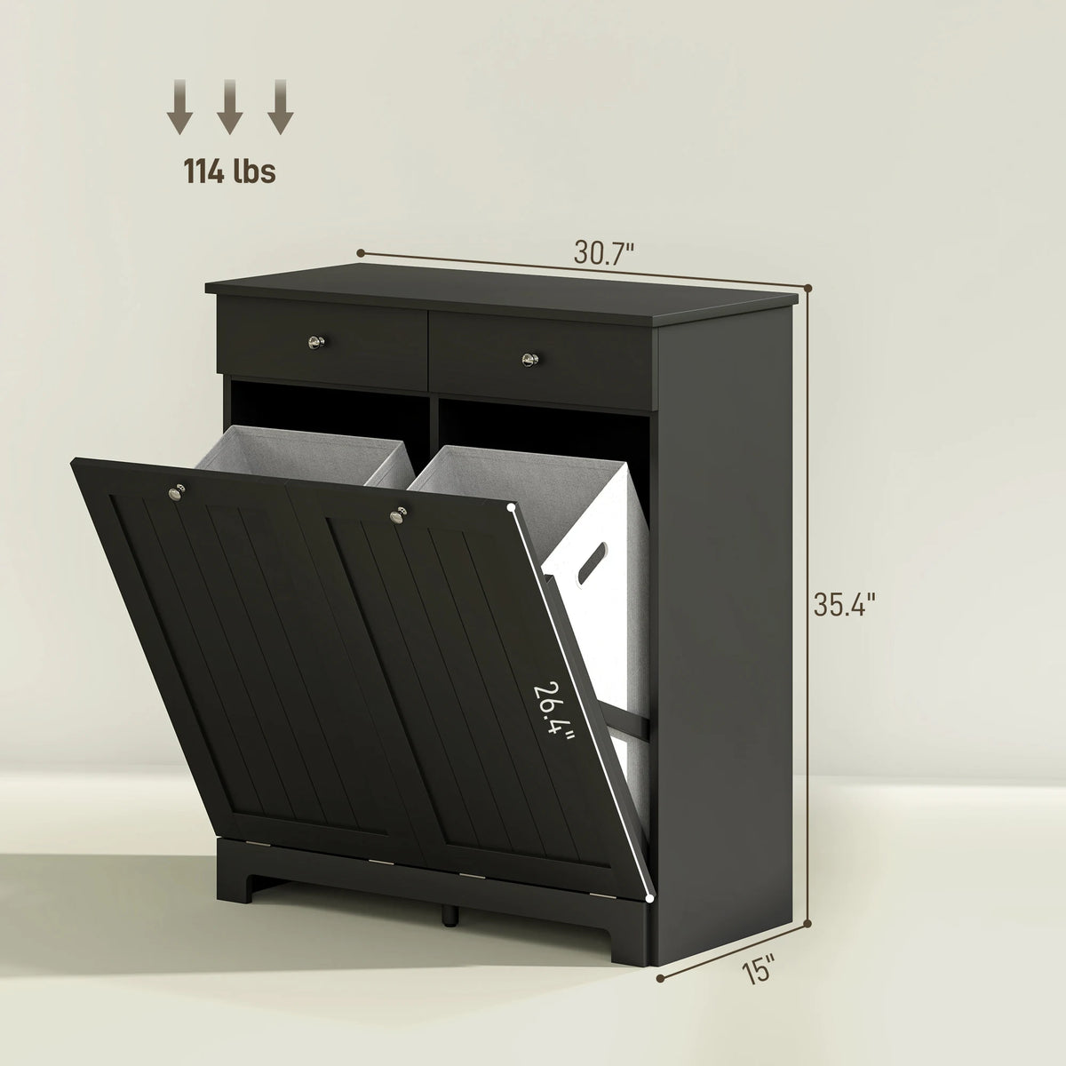 HOMCOM Laundry Cabinet with 2 Removable Baskets, Tilt Out Laundry Hamper with 2 Drawers and 2 Beadboard Doors, Bathroom Hamper Cabinet, Black