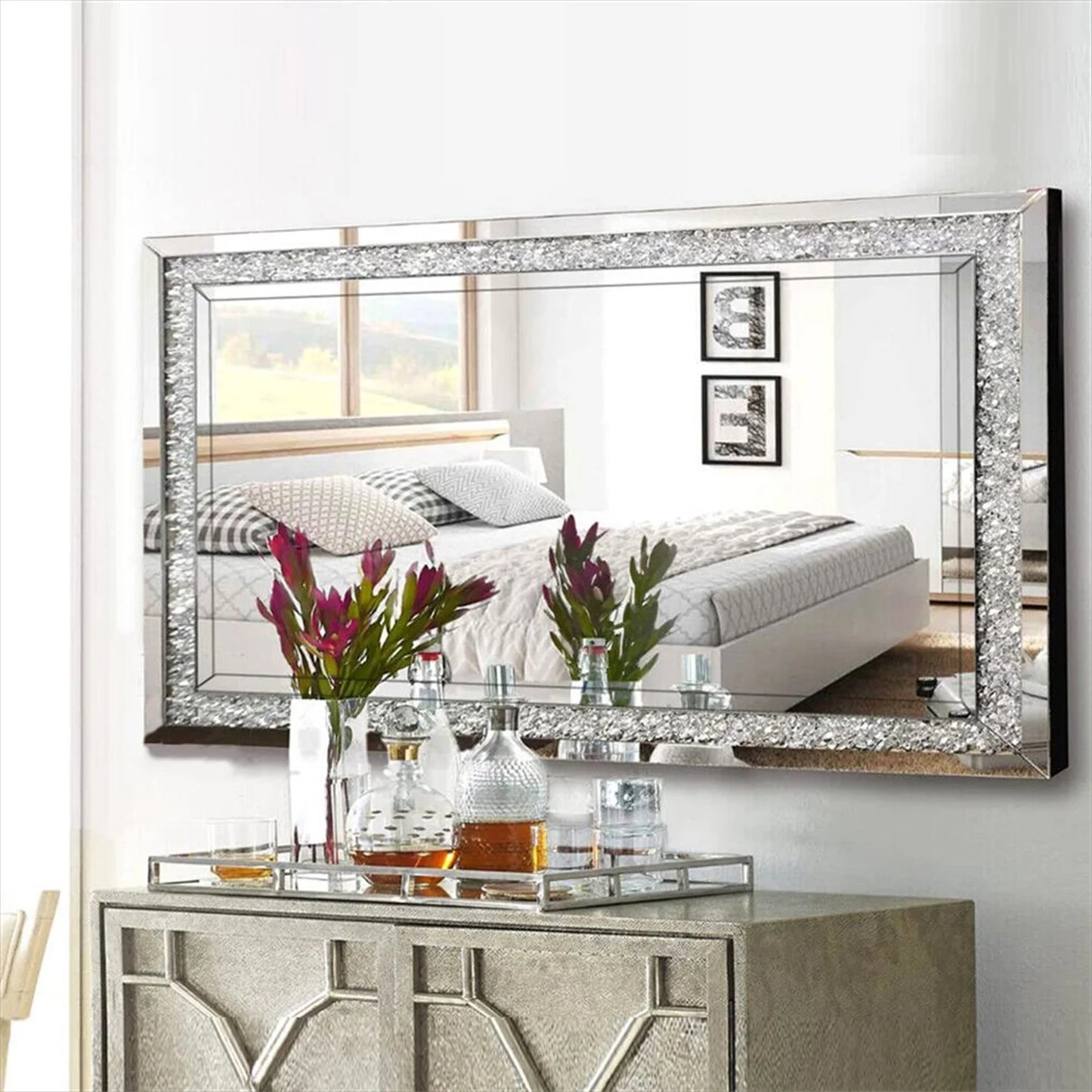 Crystal Crush Diamond Wall Mirror Rectangular Modern Rooms