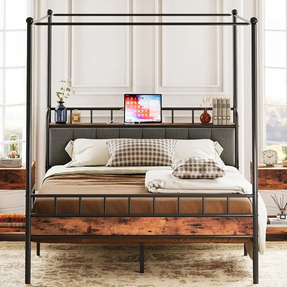 LIKIMIO Canopy Bed Frame Queen With Charging Station Headboard