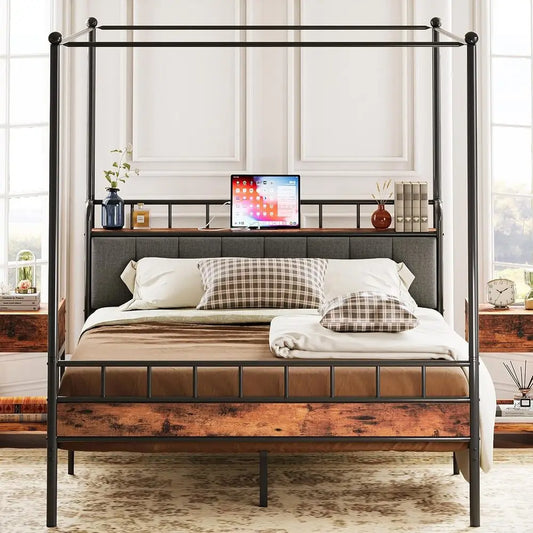 LIKIMIO Canopy Bed Frame Queen With Charging Station Headboard