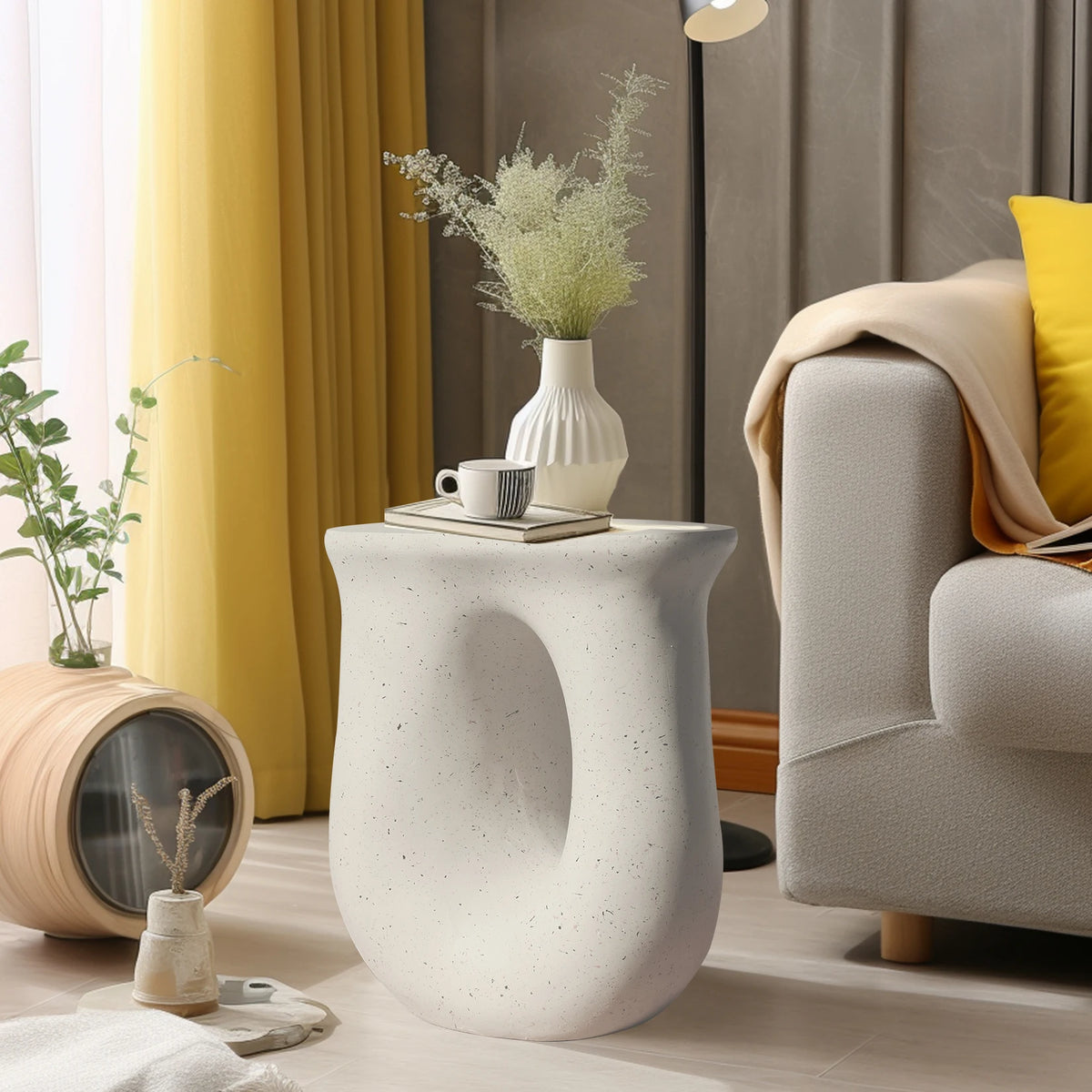 Stylish U Shaped Geometric Stone Side End Accent Table