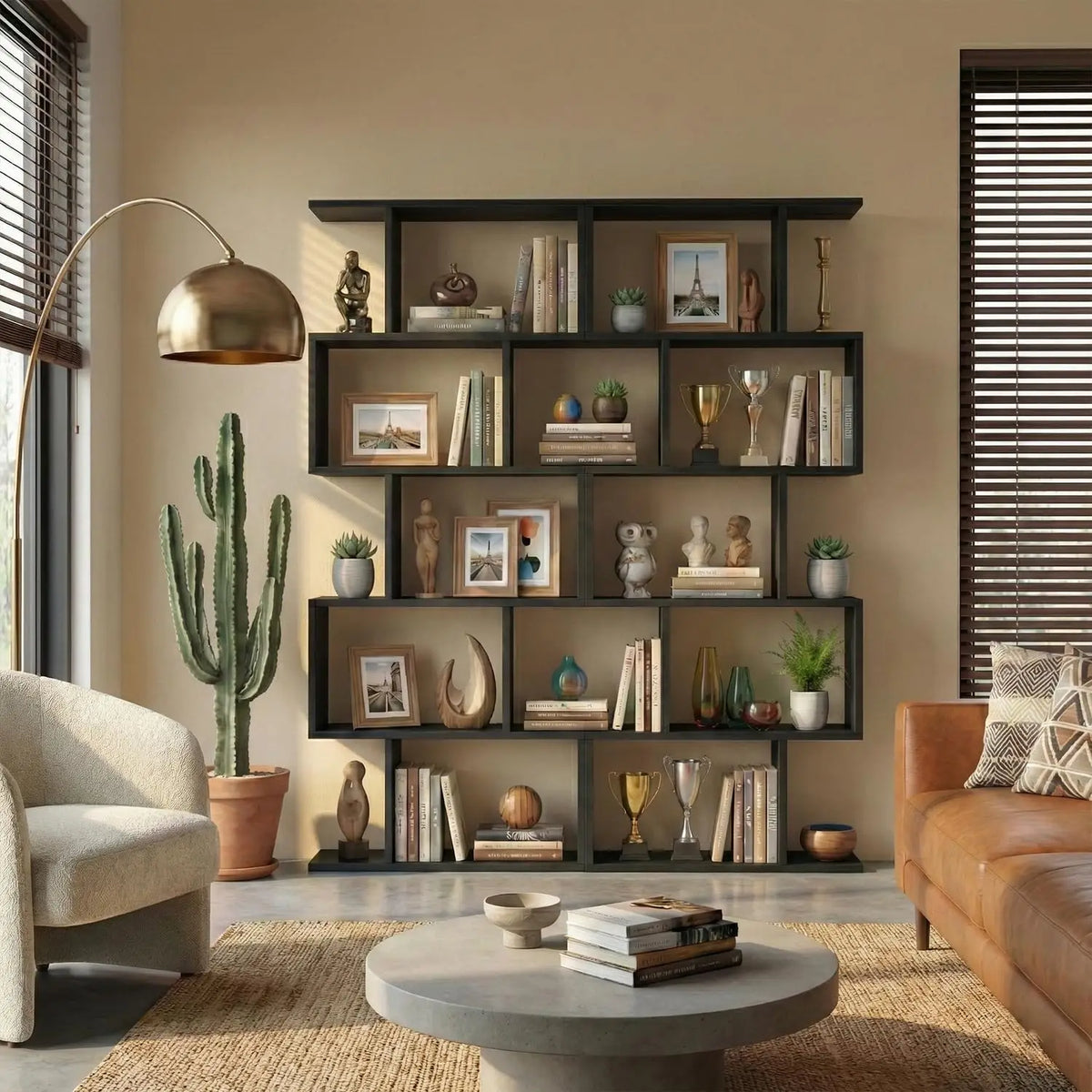 Freestanding Five Tier Geometric Bookshelf And Room Divider