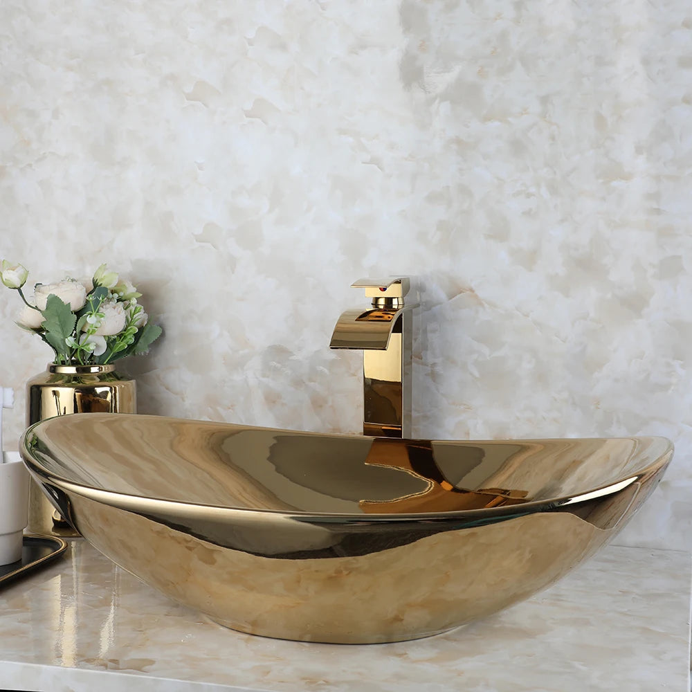 KEMAIDI Luxury Oval Ceramic Vessel Sink With Faucet Set