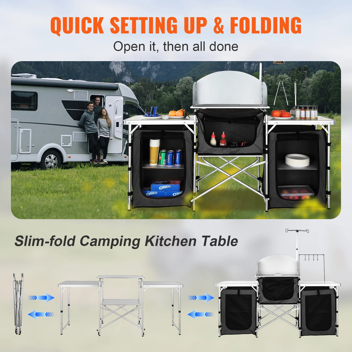 SucceBuy Outdoor Folding Kitchen Table With Storage Rack