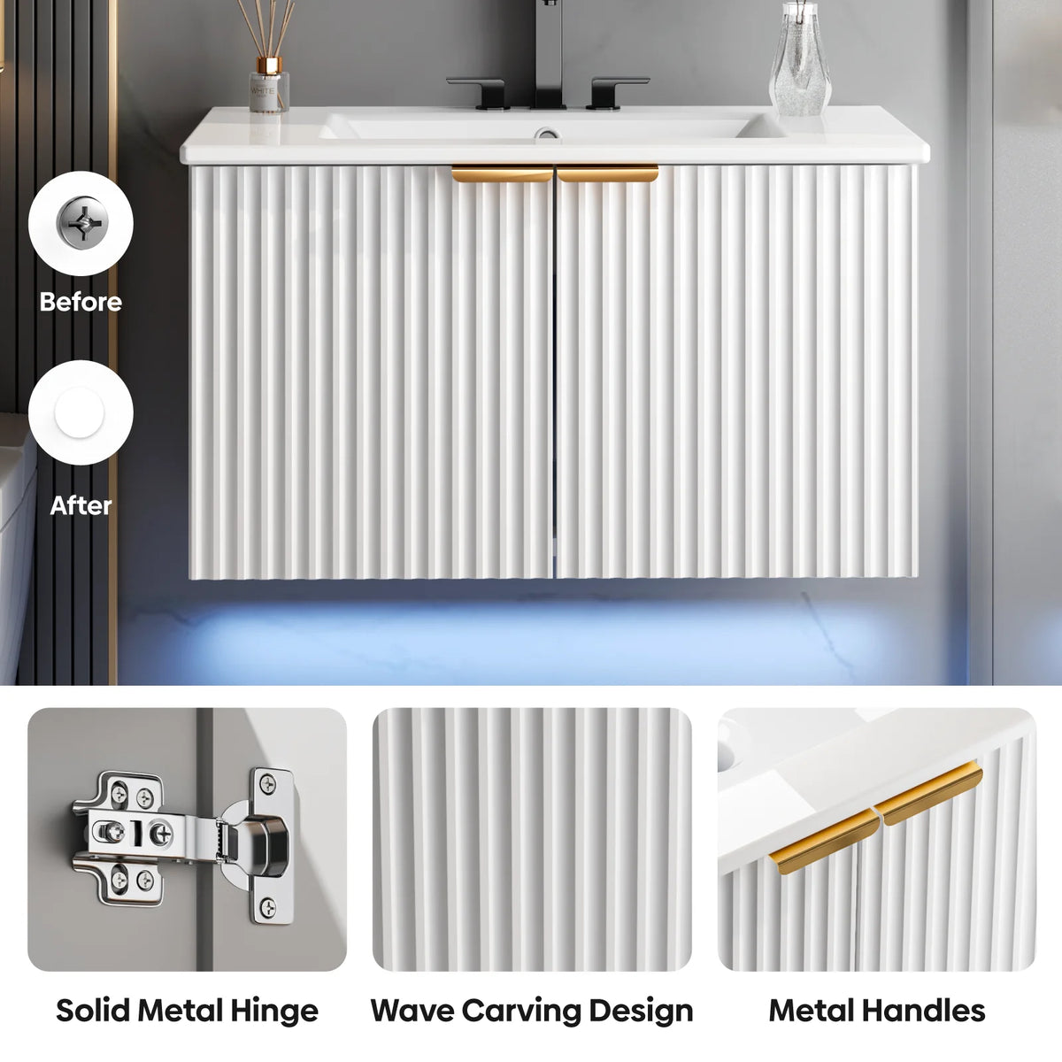 Evokeden Modern Floating Bathroom Vanity With Led Lighting