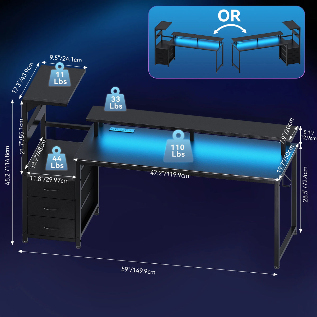 JHK Gaming Desk 3 Storage Drawers Led Lights Power Outlet