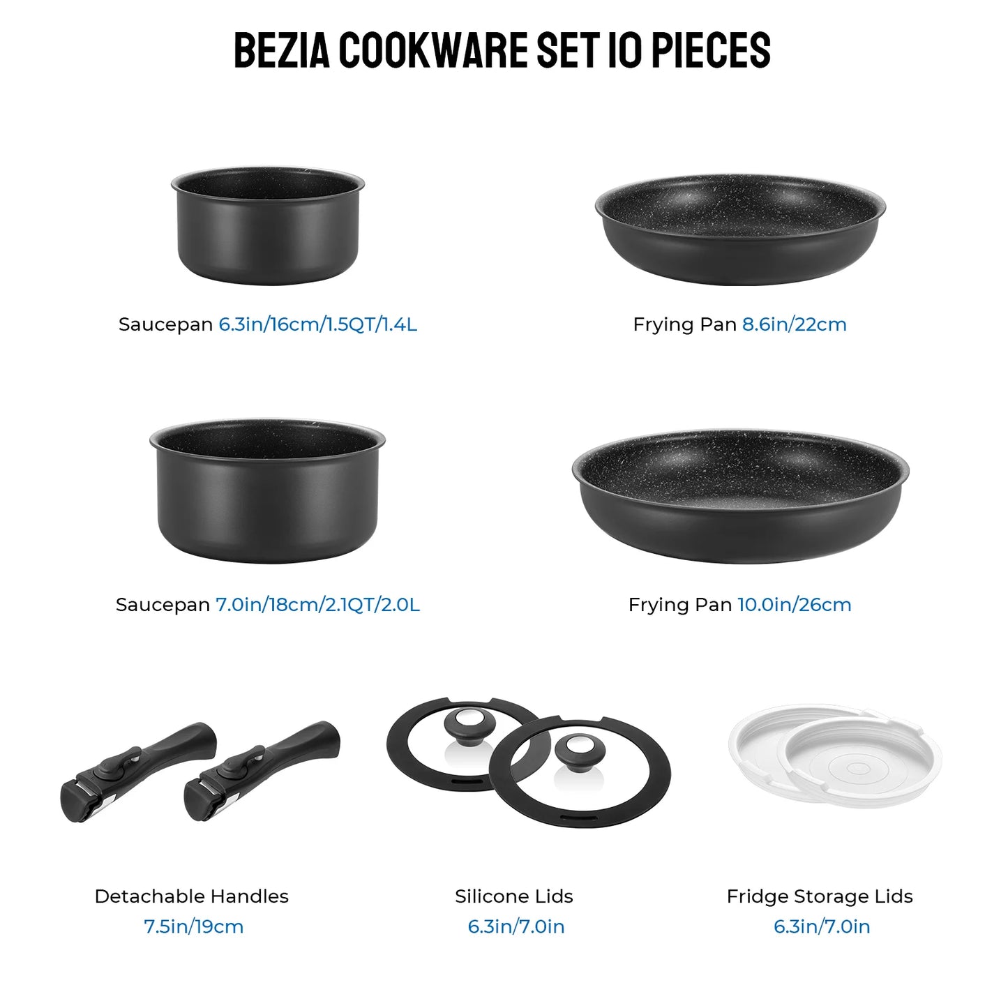 Induction Cookware Set 10 Pieces Nonstick Pans With Removable Handles