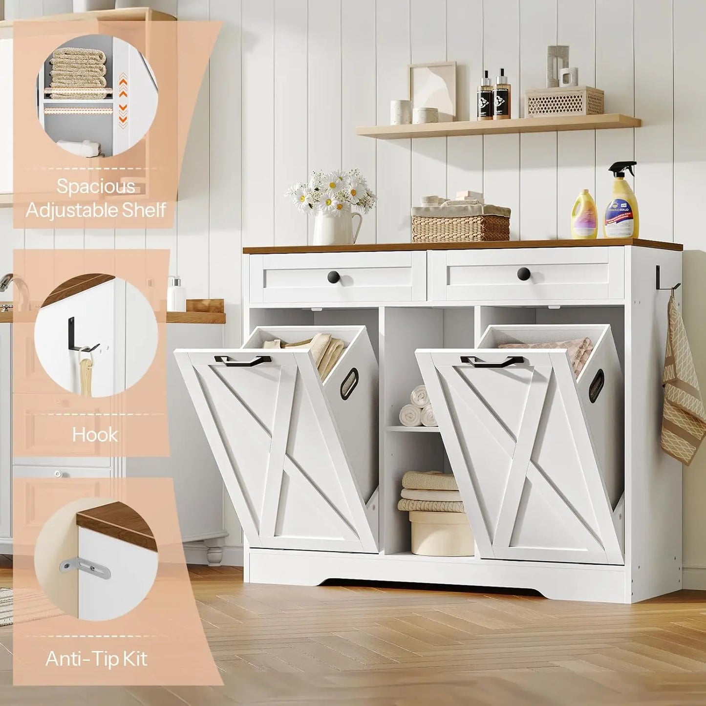Modern Double Tilt Out Laundry Hamper Cabinet With Open Shelf