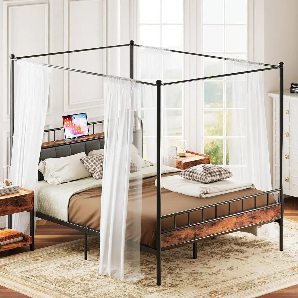 LIKIMIO Canopy Bed Frame Queen With Charging Station Headboard