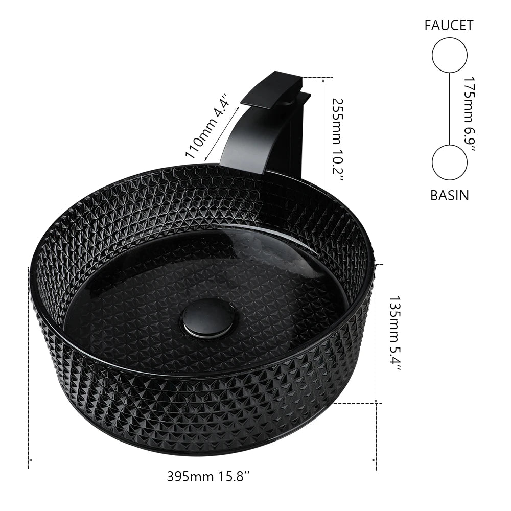 Mekkhala Black Crystal Glass Round Vessel Sink And Faucet Combo