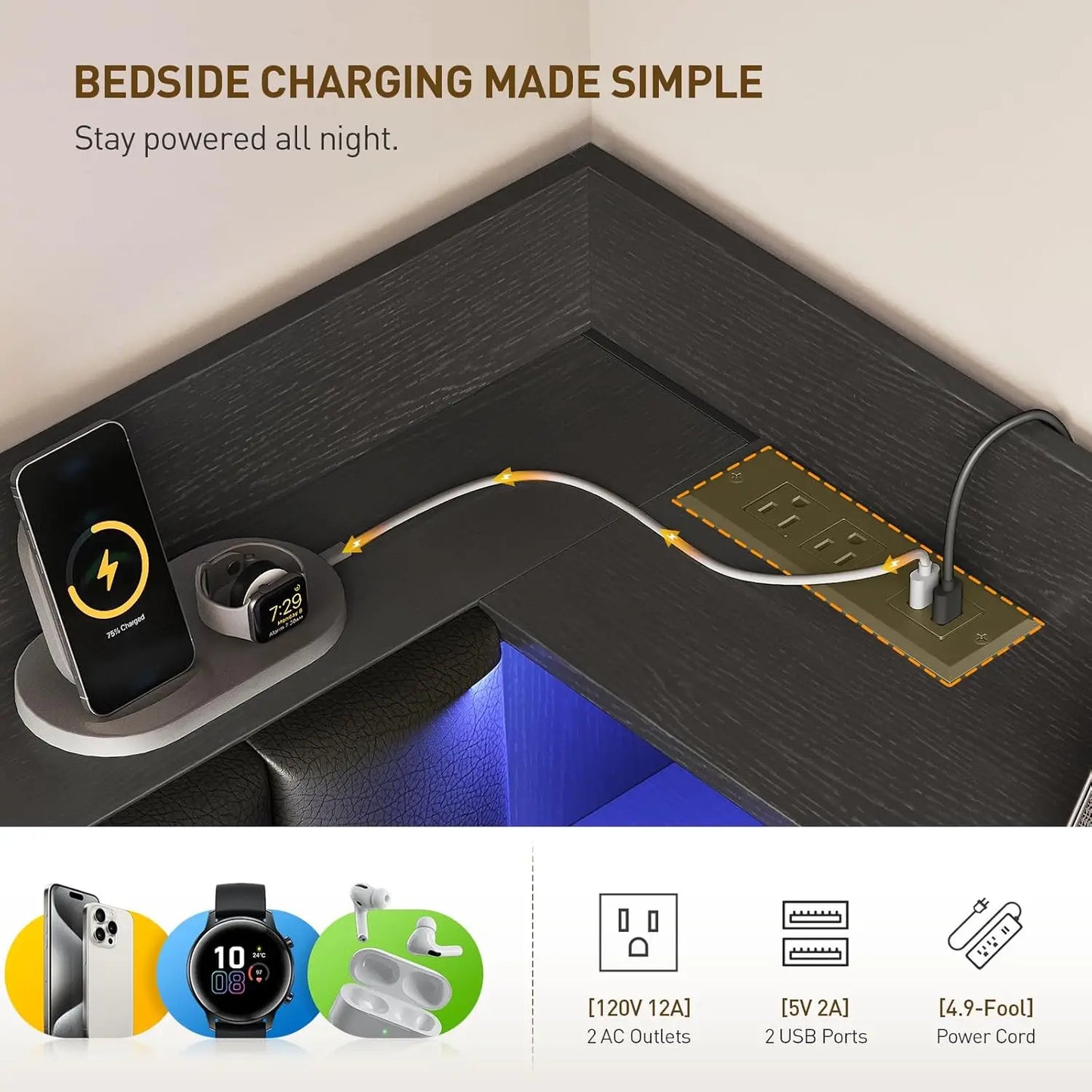 Corner Bed Frame With Bookcase Storage And Charging Station