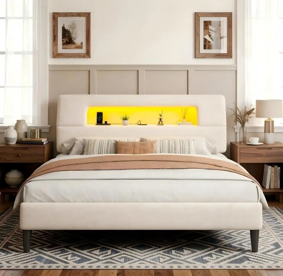 Bed Frame With Ergonomic Storage Headboard LED Lights And Charging