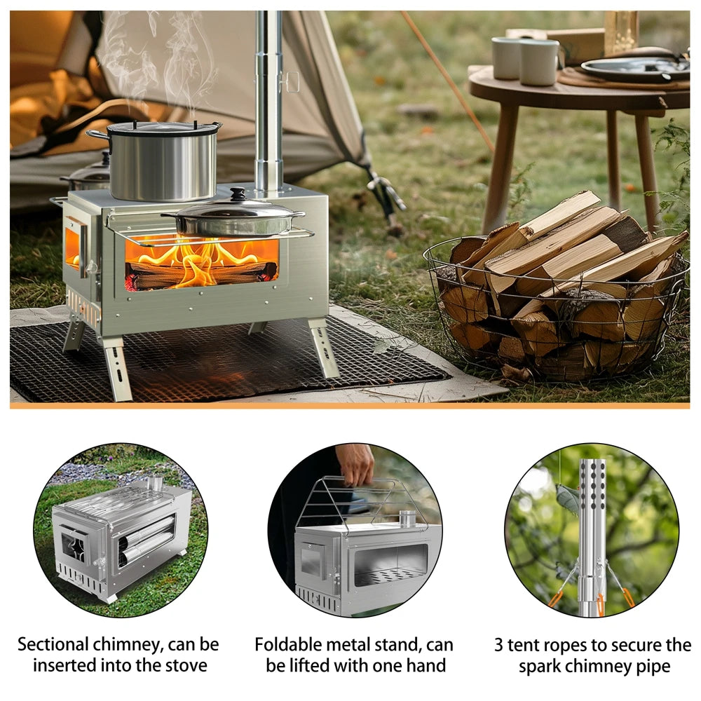 Portable Stainless Steel Tent Stove With 7 Chimney Pipes