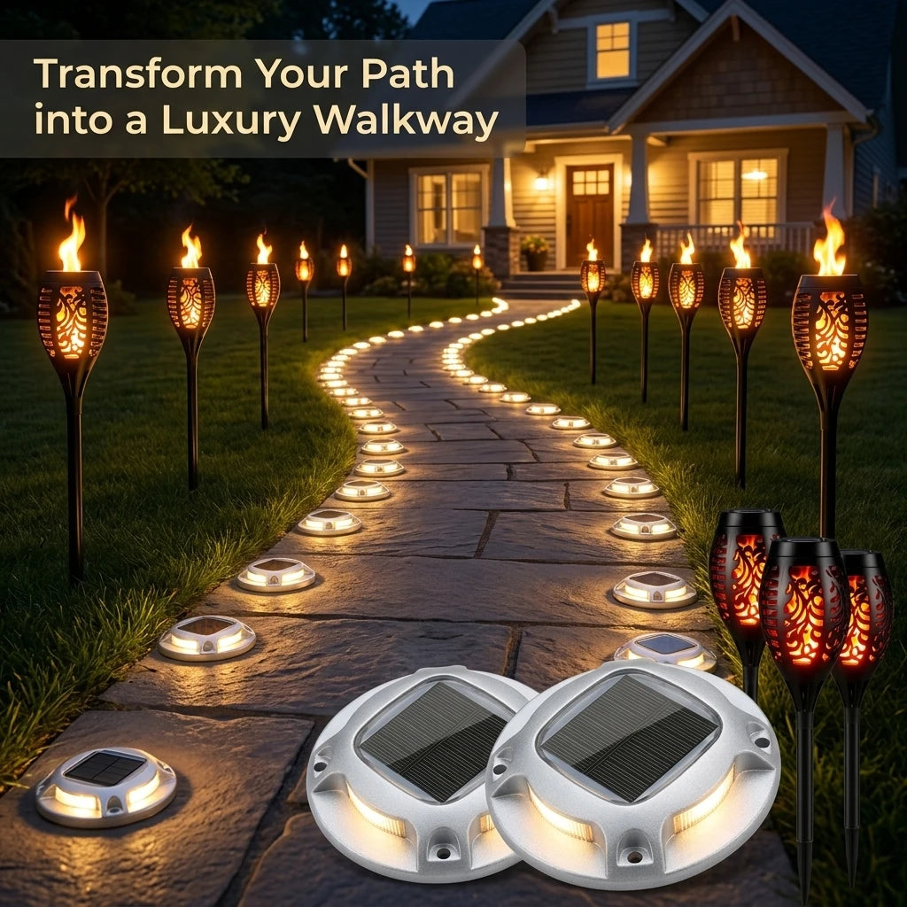 Solar Outdoor Flickering Flame Torch And Ground Lawn Lighting Set