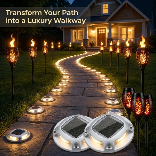 Solar Outdoor Flickering Flame Torch And Ground Lawn Lighting Set